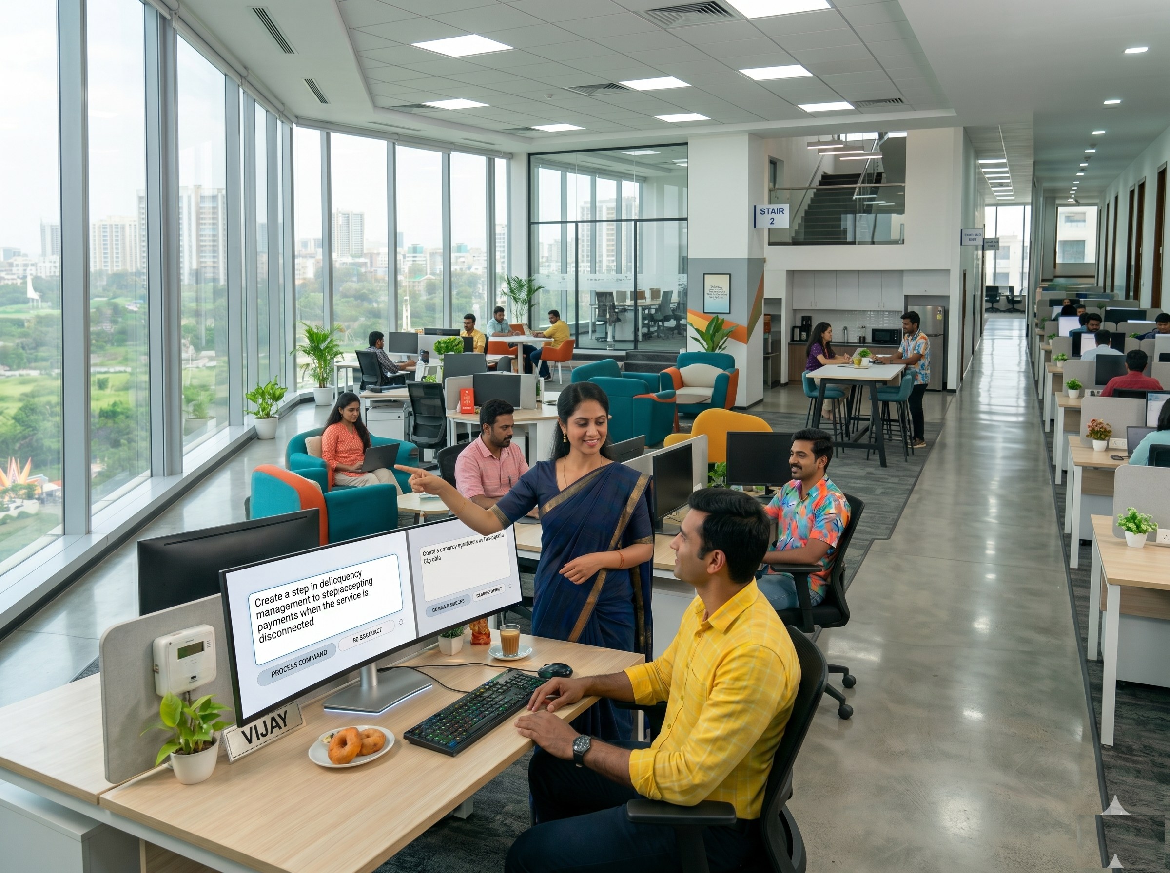 Wide view of the NRD Tech open-plan office in Coimbatore — engineers working at multiple workstations, with a pair in the foreground collaborating on an AI prompt for utility-operations software