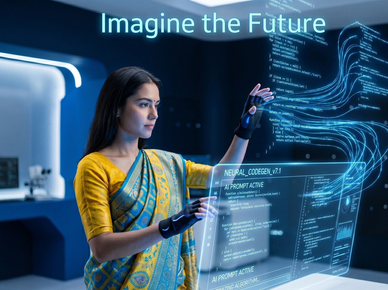 Stylized illustration of an engineer in a saree interacting with a holographic AI code-generation interface, captioned 'Imagine the Future'